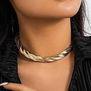 Gold Twisted Herringbone Choker, Necklace Thick, Statement